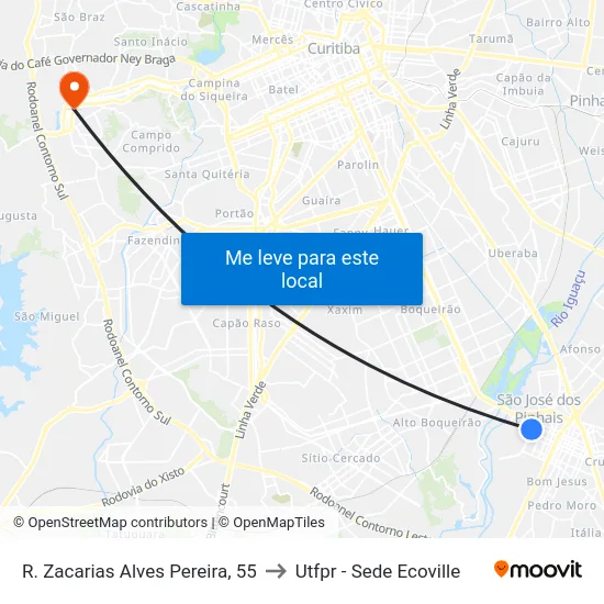R. Zacarias Alves Pereira, 55 to Utfpr - Sede Ecoville map
