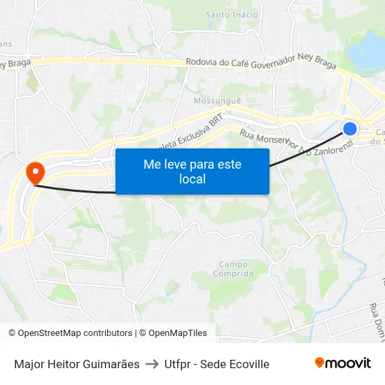 Major Heitor Guimarães to Utfpr - Sede Ecoville map