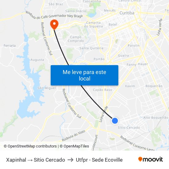 Xapinhal → Sítio Cercado to Utfpr - Sede Ecoville map