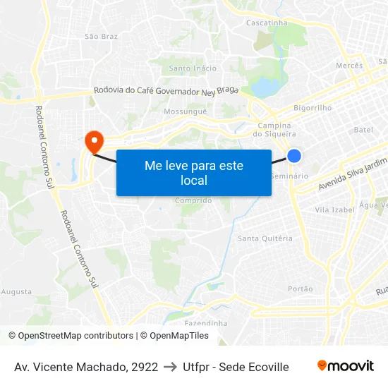 Av. Vicente Machado, 2922 to Utfpr - Sede Ecoville map