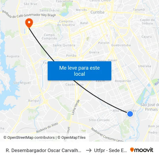 R. Desembargador Oscar Carvalho e Silva, 210 to Utfpr - Sede Ecoville map