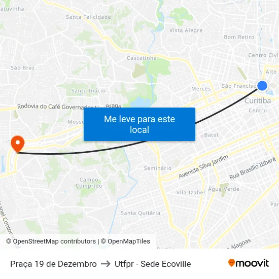 Praça 19 de Dezembro (A72 / A73) to Utfpr - Sede Ecoville map