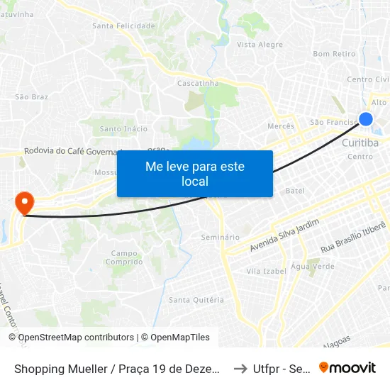 Av. Cândido de Abreu, 100 (Praça 19 de Dezembro) to Utfpr - Sede Ecoville map
