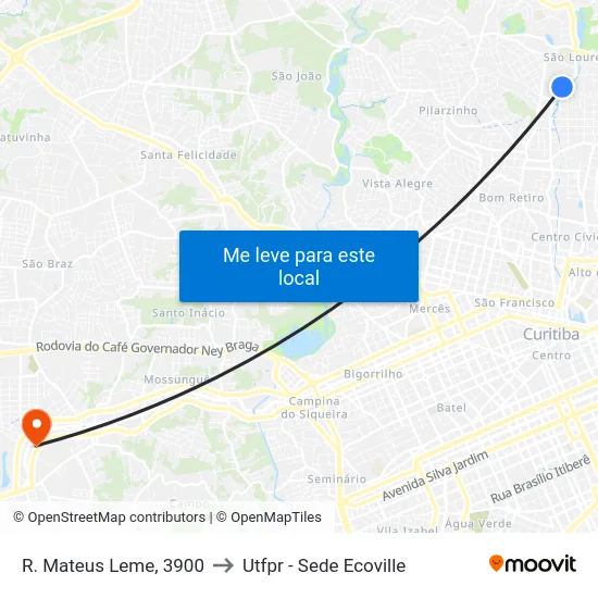 R. Mateus Leme, 3900 to Utfpr - Sede Ecoville map