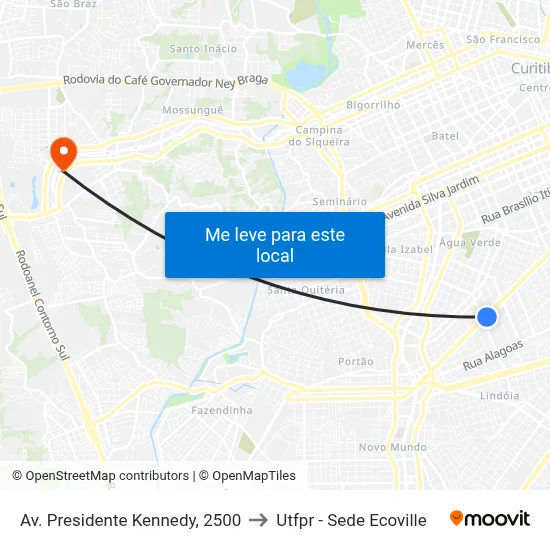 Av. Presidente Kennedy, 2500 to Utfpr - Sede Ecoville map