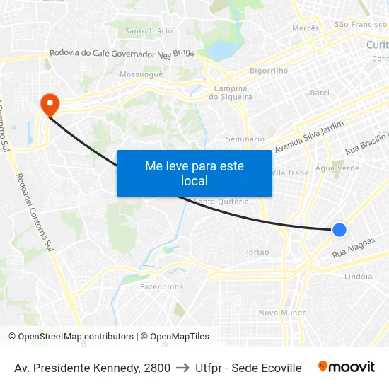 Av. Presidente Kennedy, 2800 to Utfpr - Sede Ecoville map