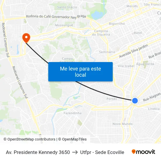 Av. Presidente Kennedy 3650 to Utfpr - Sede Ecoville map