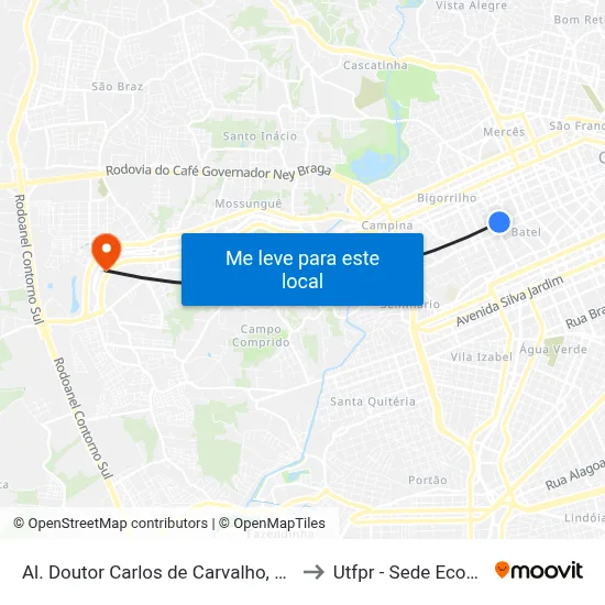Al. Doutor Carlos de Carvalho, 1731 to Utfpr - Sede Ecoville map