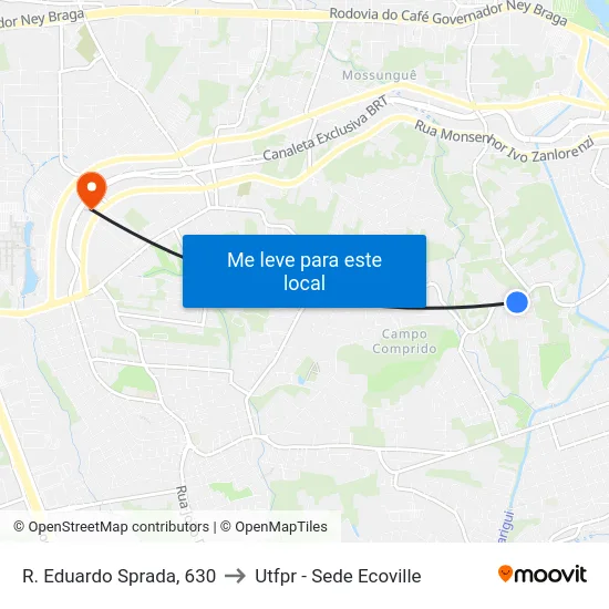 R. Eduardo Sprada, 630 to Utfpr - Sede Ecoville map