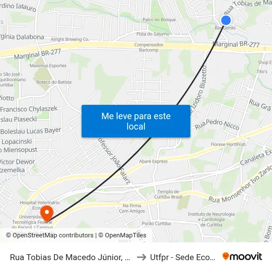 Rua Tobias De Macedo Júnior, 1721 to Utfpr - Sede Ecoville map
