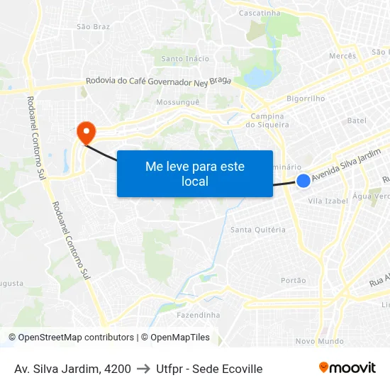 Av. Silva Jardim, 4200 to Utfpr - Sede Ecoville map