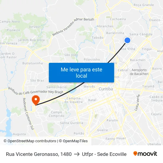Rua Vicente Geronasso, 1480 to Utfpr - Sede Ecoville map
