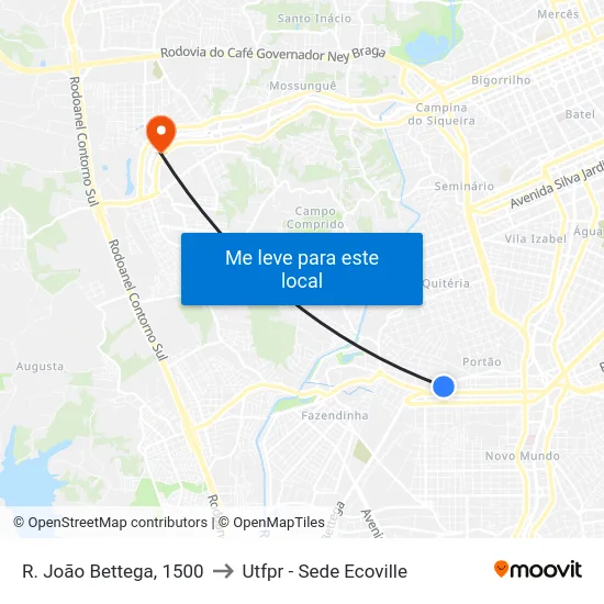 R. João Bettega, 1500 to Utfpr - Sede Ecoville map