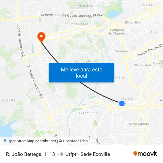 R. João Bettega, 1113 to Utfpr - Sede Ecoville map