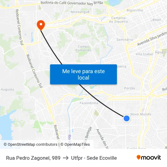 Rua Pedro Zagonel, 989 to Utfpr - Sede Ecoville map