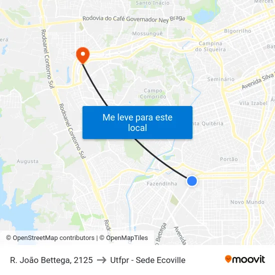 R. João Bettega, 2125 to Utfpr - Sede Ecoville map