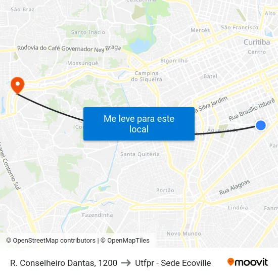 R. Conselheiro Dantas, 1200 to Utfpr - Sede Ecoville map