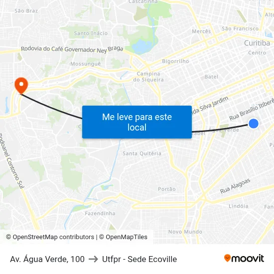 Av. Água Verde, 100 to Utfpr - Sede Ecoville map