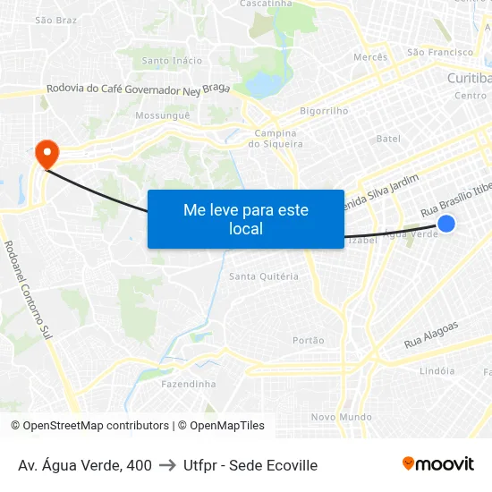Av. Água Verde, 400 to Utfpr - Sede Ecoville map