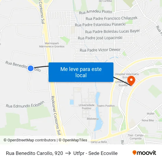Rua Benedito Carollo, 920 to Utfpr - Sede Ecoville map