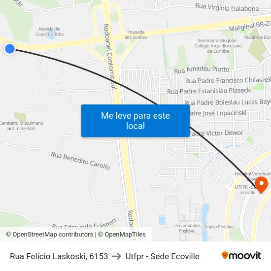 Rua Felício Laskoski, 6153 to Utfpr - Sede Ecoville map