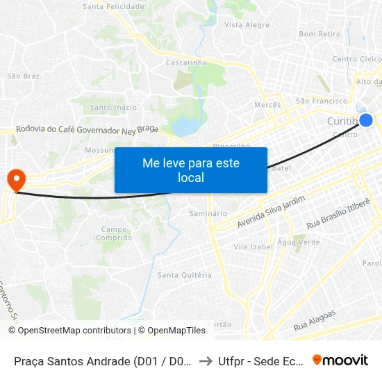 Praça Santos Andrade (D01 / D02 / D61) to Utfpr - Sede Ecoville map