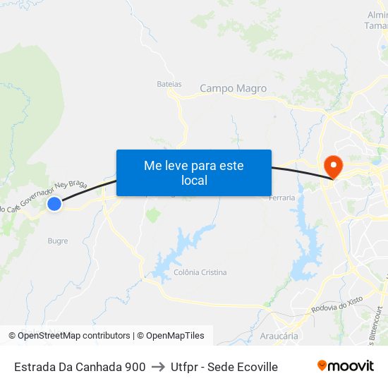 Estrada Da Canhada 900 to Utfpr - Sede Ecoville map