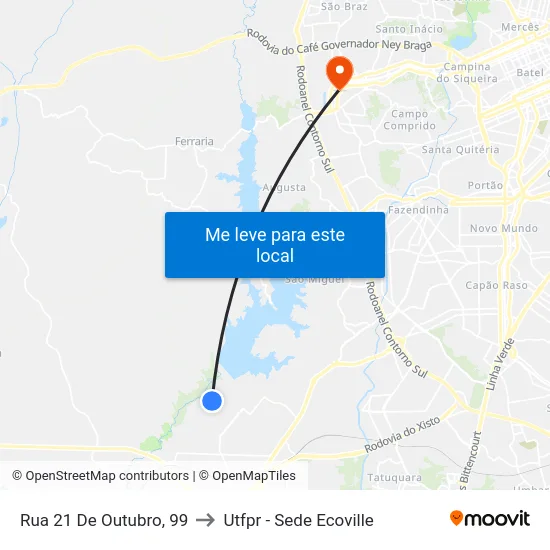 Rua 21 De Outubro, 99 to Utfpr - Sede Ecoville map