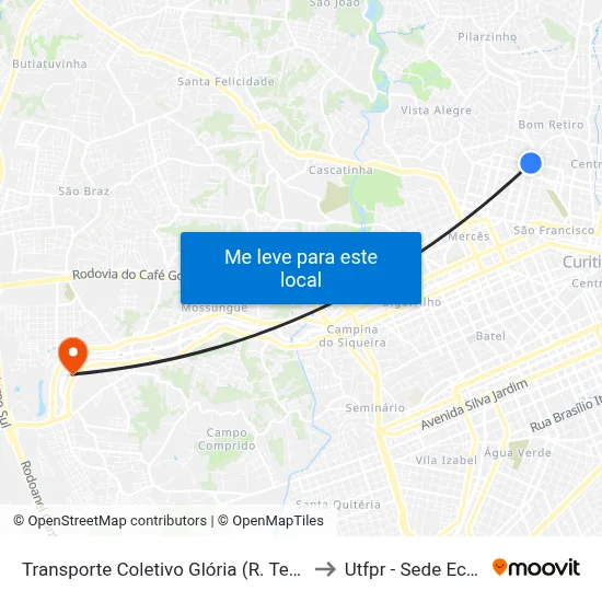 Transporte Coletivo Glória (R. Teffé, 707) to Utfpr - Sede Ecoville map