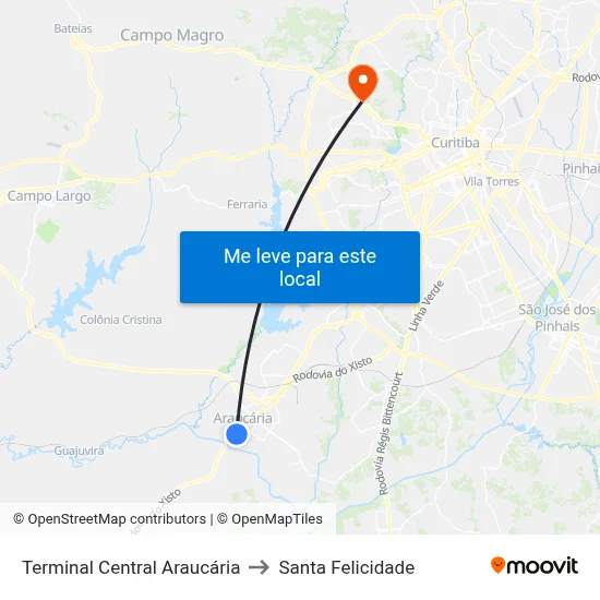 Terminal Central Araucária to Santa Felicidade map