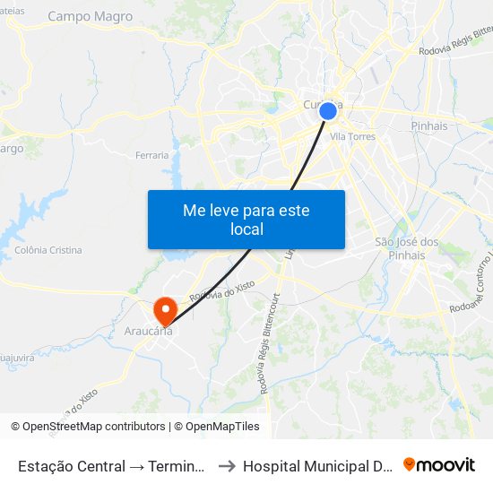 Estação Central → Terminal Capão Raso to Hospital Municipal De Araucária map