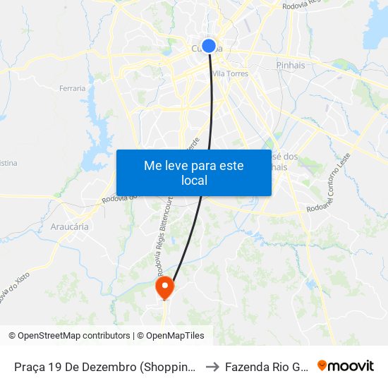 Praça 19 De Dezembro (Shopping Mueller) to Fazenda Rio Grande map