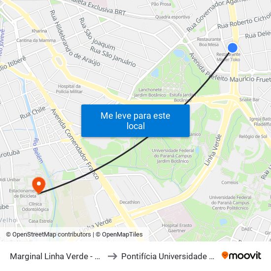 Marginal Linha Verde - Viaduto Jardim Botânico to Pontifícia Universidade Católica Do Paraná Pucpr map