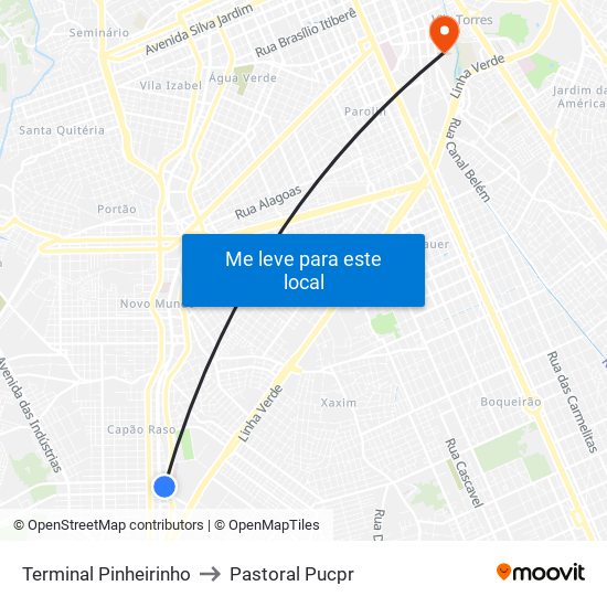 Terminal Pinheirinho to Pastoral Pucpr map