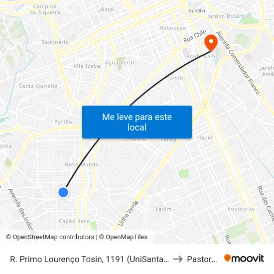 R. Primo Lourenço Tosin, 1191 (UniSanta Cruz / Laboratório Municipal) to Pastoral Pucpr map