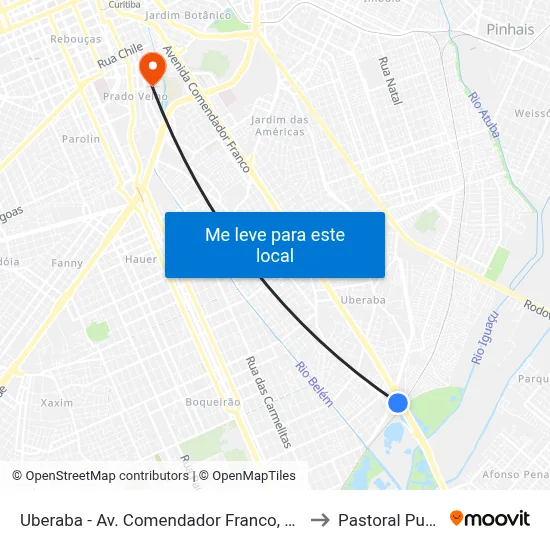 Uberaba - Av. Comendador Franco, 8440 to Pastoral Pucpr map