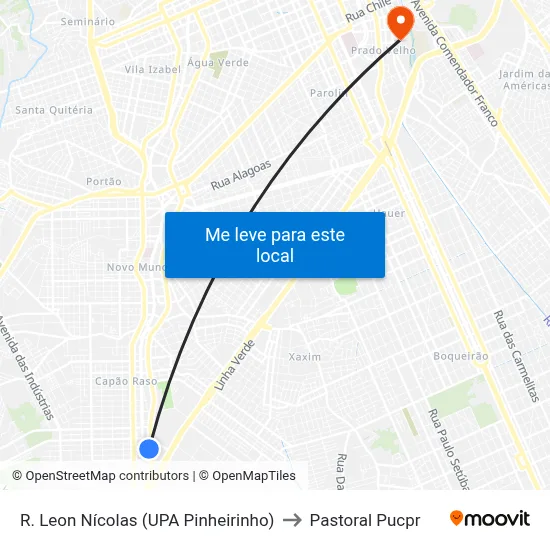 R. Leon Nícolas (UPA Pinheirinho) to Pastoral Pucpr map