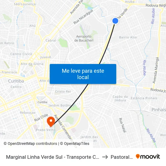 Marginal Linha Verde Sul - Transporte Coletivo Glória (Atuba) to Pastoral Pucpr map