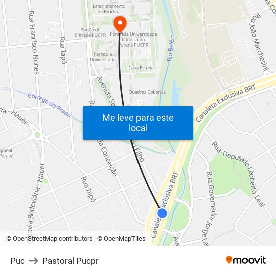 Puc (Linha Verde) to Pastoral Pucpr map