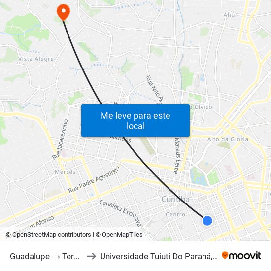 Guadalupe → Terminal Pinheirinho to Universidade Tuiuti Do Paraná, Campus Jardim Schaffer map