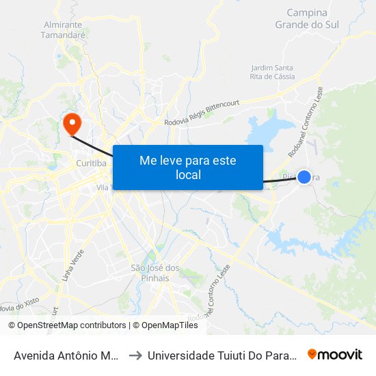 Avenida Antônio Meireles Sobrinho 342 to Universidade Tuiuti Do Paraná, Campus Jardim Schaffer map