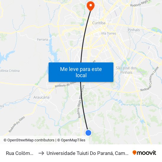 Rua Colômbia, 1300 to Universidade Tuiuti Do Paraná, Campus Jardim Schaffer map