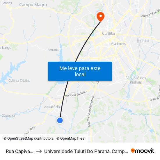 Rua Capivari, 1118 to Universidade Tuiuti Do Paraná, Campus Jardim Schaffer map