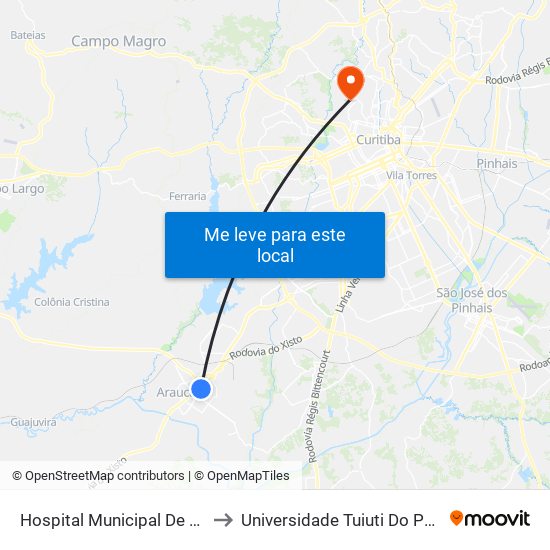Hospital Municipal De Araucária → Terminal Central to Universidade Tuiuti Do Paraná, Campus Jardim Schaffer map
