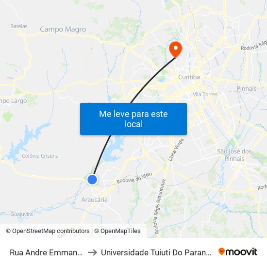 Rua Andre Emmanuel Deschrevel, 57 to Universidade Tuiuti Do Paraná, Campus Jardim Schaffer map