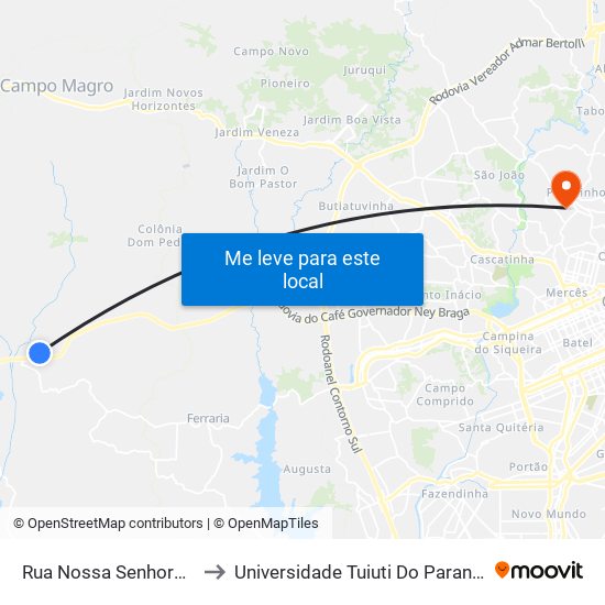 Rua Nossa Senhora Da Aparecida, 140 to Universidade Tuiuti Do Paraná, Campus Jardim Schaffer map