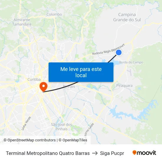 Terminal Metropolitano Quatro Barras to Siga Pucpr map