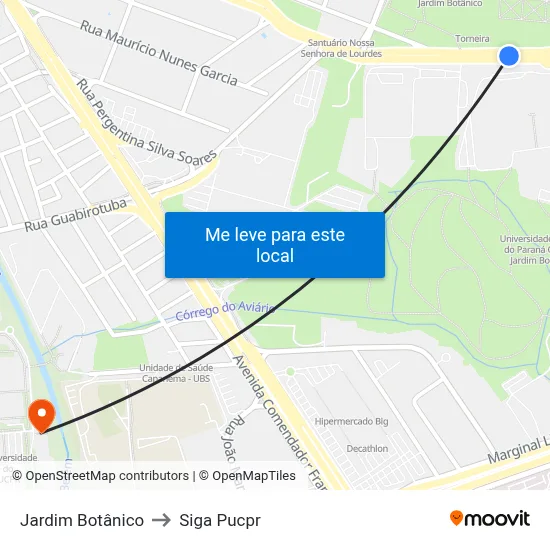 Jardim Botânico to Siga Pucpr map
