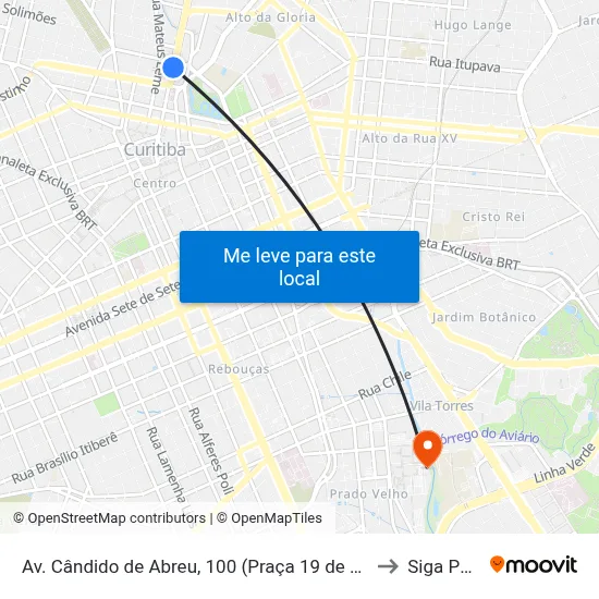 Av. Cândido de Abreu, 100 (Praça 19 de Dezembro) to Siga Pucpr map