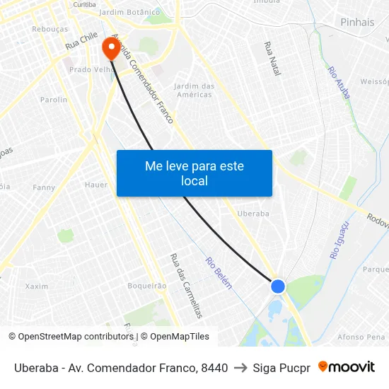 Uberaba - Av. Comendador Franco, 8440 to Siga Pucpr map